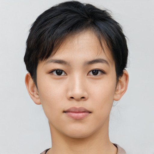 Neutral asian young-adult female with short  brown hair and brown eyes