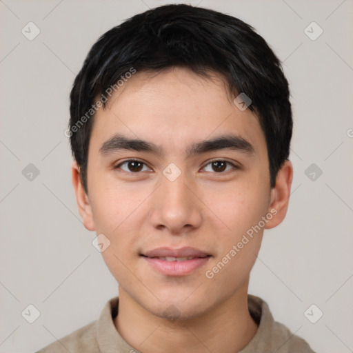 Neutral asian young-adult male with short  black hair and brown eyes