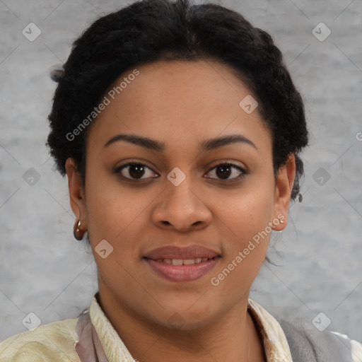 Joyful latino young-adult female with short  brown hair and brown eyes