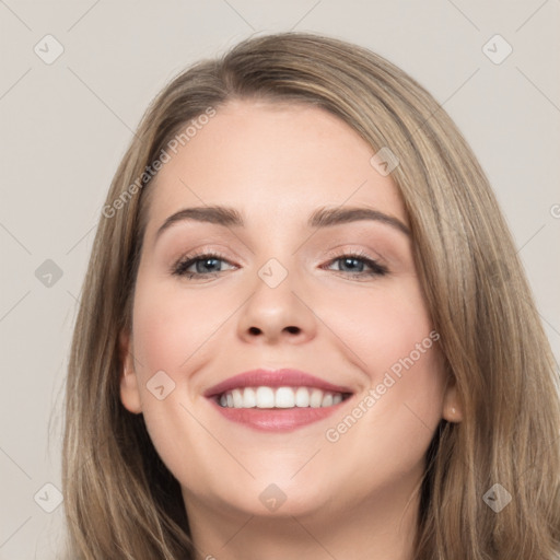 Joyful white young-adult female with long  brown hair and grey eyes