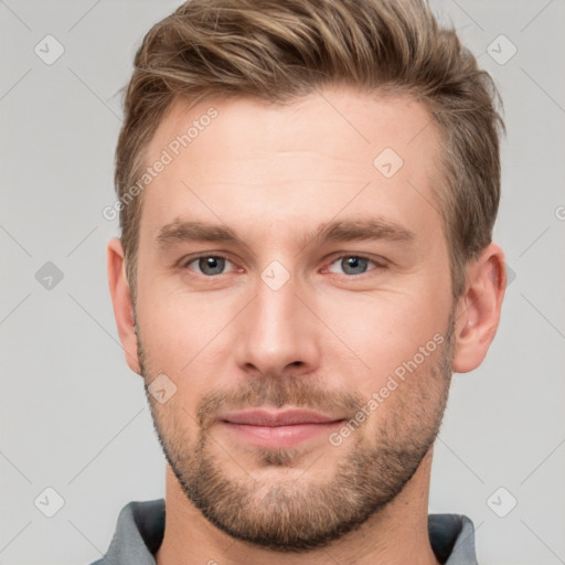 Neutral white young-adult male with short  brown hair and grey eyes