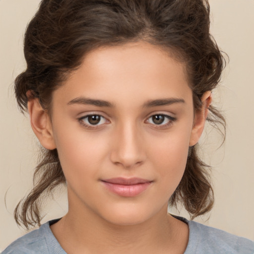 Joyful white child female with medium  brown hair and brown eyes