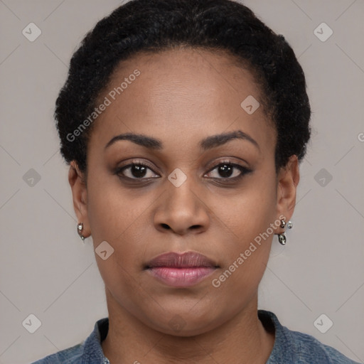 Neutral black young-adult female with short  black hair and brown eyes