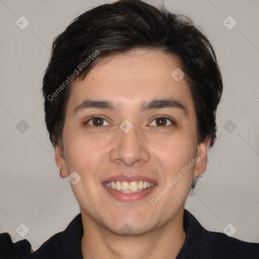 Joyful white young-adult male with short  black hair and brown eyes