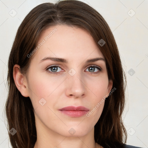 Neutral white young-adult female with long  brown hair and grey eyes