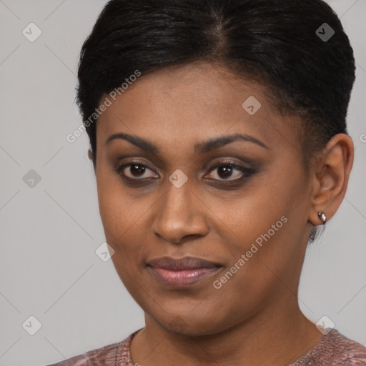 Joyful latino young-adult female with short  brown hair and brown eyes