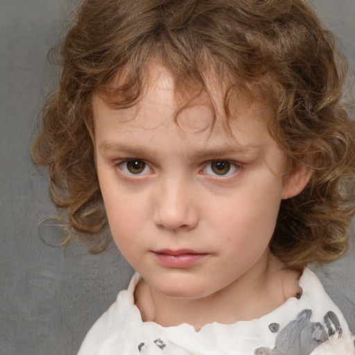 Neutral white child female with medium  brown hair and grey eyes