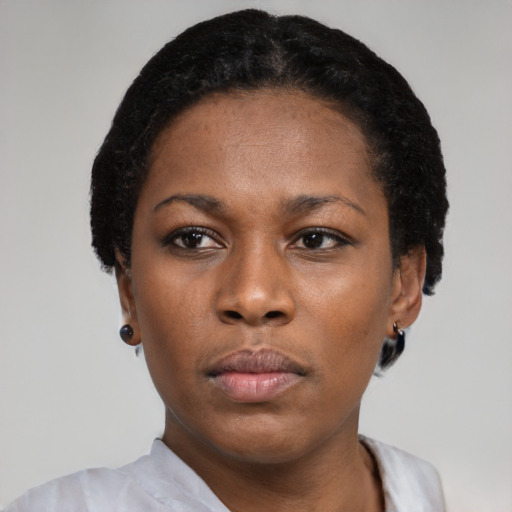 Neutral black young-adult female with short  black hair and brown eyes