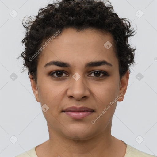 Joyful latino young-adult female with short  brown hair and brown eyes