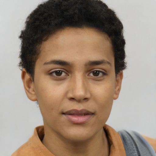 Neutral white young-adult female with short  brown hair and brown eyes
