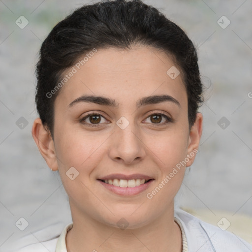 Joyful white young-adult female with short  brown hair and brown eyes