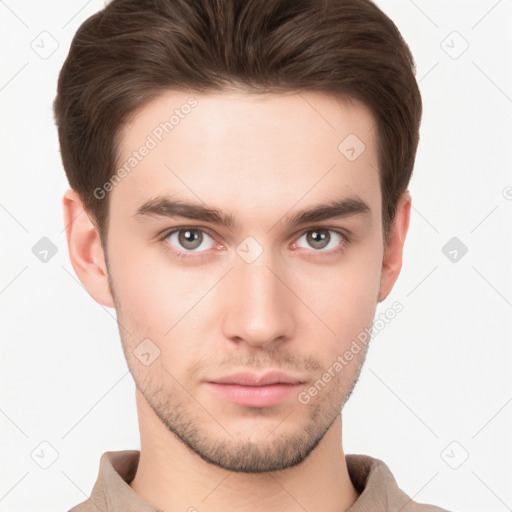 Neutral white young-adult male with short  brown hair and brown eyes