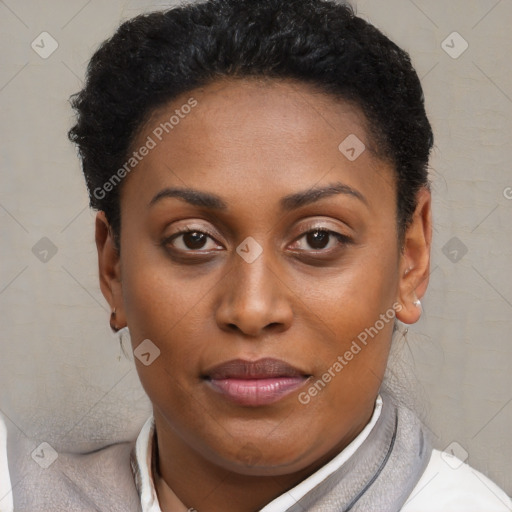 Joyful black young-adult female with short  brown hair and brown eyes