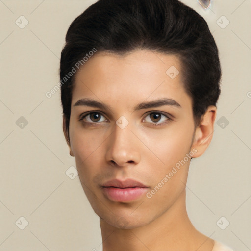 Neutral latino young-adult female with short  black hair and brown eyes