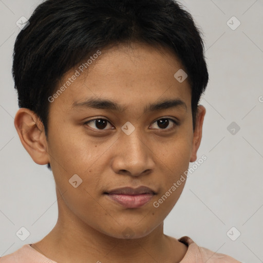 Joyful latino young-adult male with short  brown hair and brown eyes