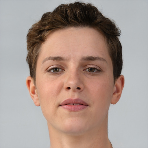 Neutral white young-adult female with short  brown hair and brown eyes