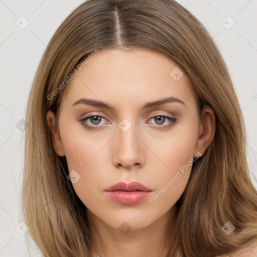 Neutral white young-adult female with long  brown hair and brown eyes