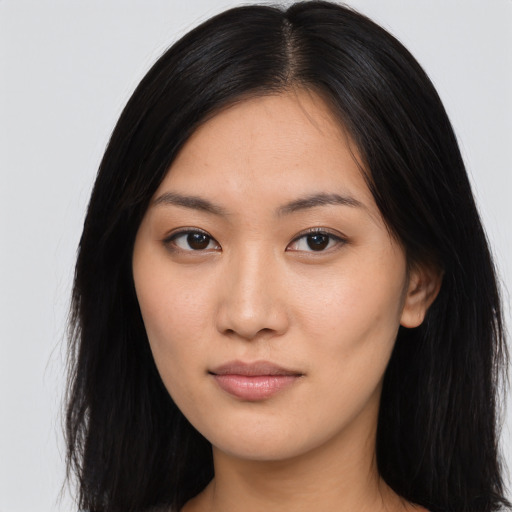 Neutral asian young-adult female with long  brown hair and brown eyes