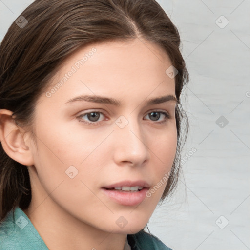 Neutral white young-adult female with medium  brown hair and grey eyes