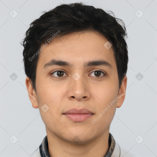 Neutral latino young-adult male with short  black hair and brown eyes