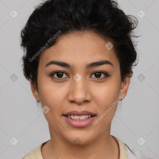 Joyful latino young-adult female with short  brown hair and brown eyes