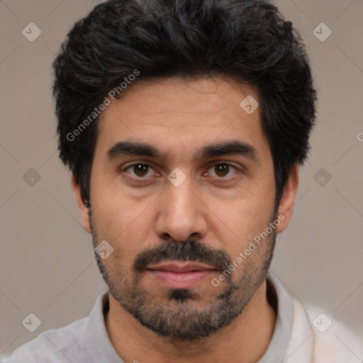 Neutral white young-adult male with short  black hair and brown eyes