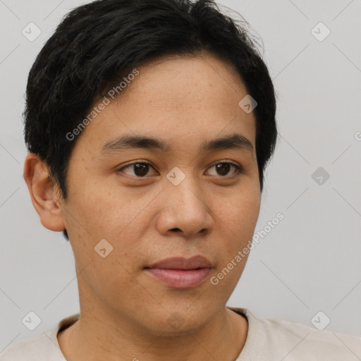 Neutral asian young-adult male with short  brown hair and brown eyes