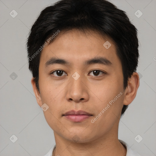 Neutral asian young-adult male with short  brown hair and brown eyes