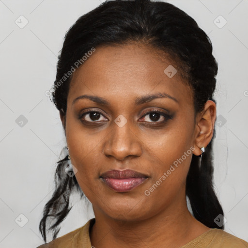 Joyful black young-adult female with medium  black hair and brown eyes