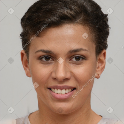 Joyful white young-adult female with short  brown hair and brown eyes