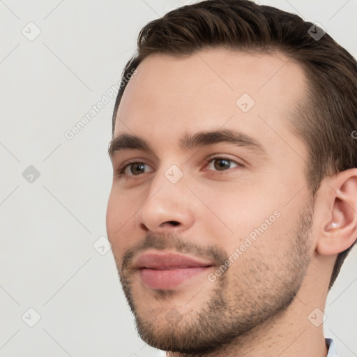 Neutral white young-adult male with short  brown hair and brown eyes