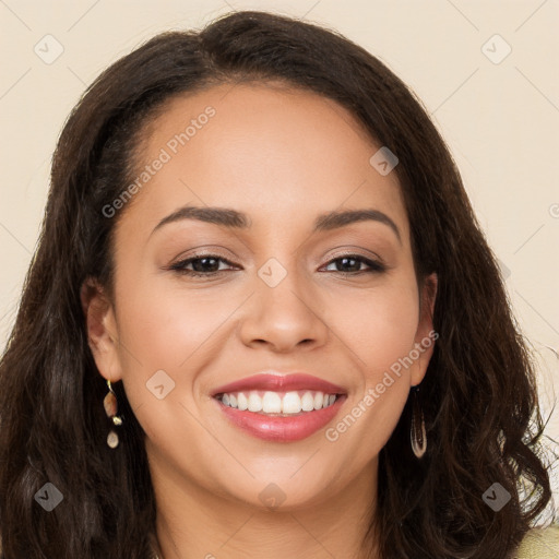 Joyful white young-adult female with long  brown hair and brown eyes