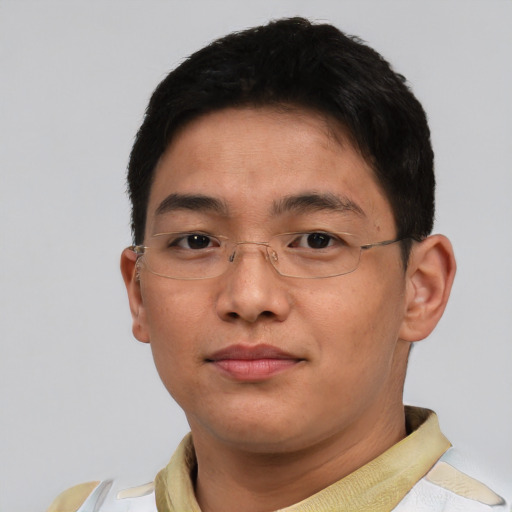 Neutral asian adult male with short  brown hair and brown eyes