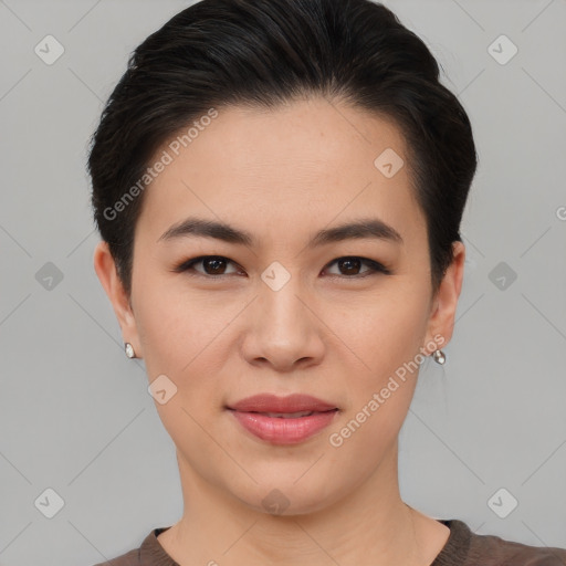 Joyful asian young-adult female with short  brown hair and brown eyes