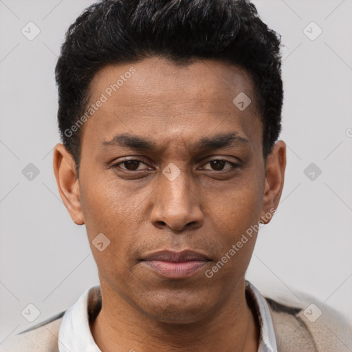 Joyful latino young-adult male with short  brown hair and brown eyes