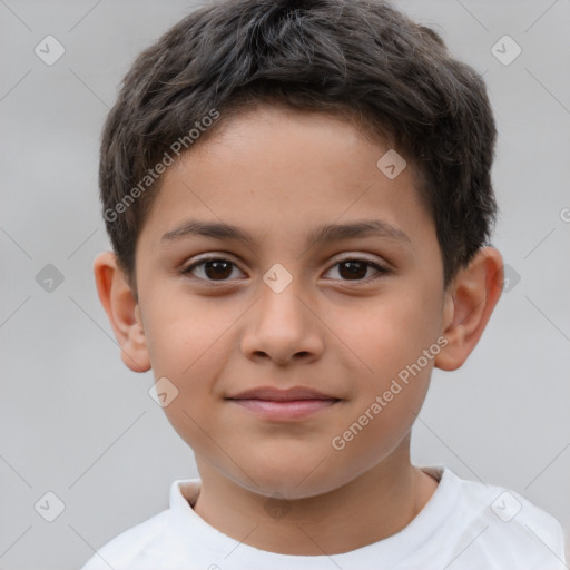 Joyful white child male with short  brown hair and brown eyes