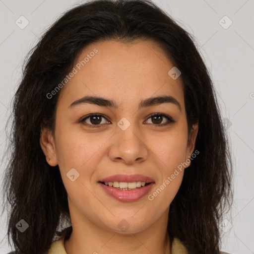 Joyful latino young-adult female with long  brown hair and brown eyes