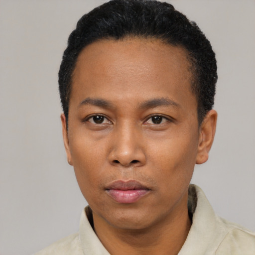 Neutral black young-adult male with short  black hair and brown eyes