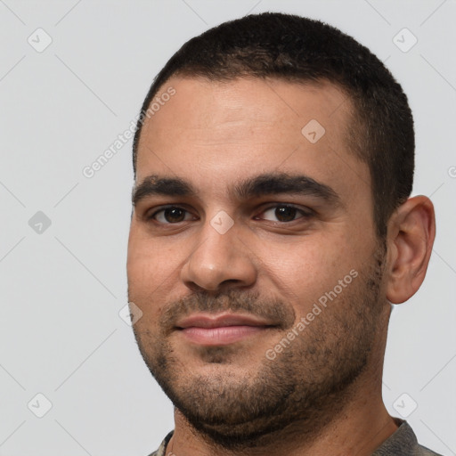 Neutral white young-adult male with short  brown hair and brown eyes