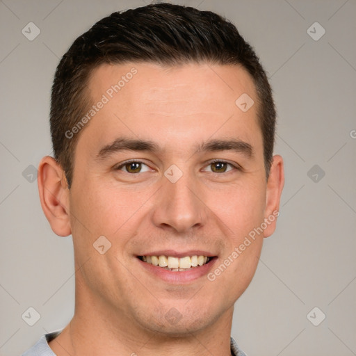 Joyful white young-adult male with short  brown hair and brown eyes