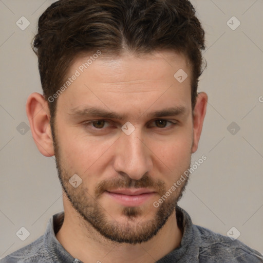 Neutral white young-adult male with short  brown hair and brown eyes