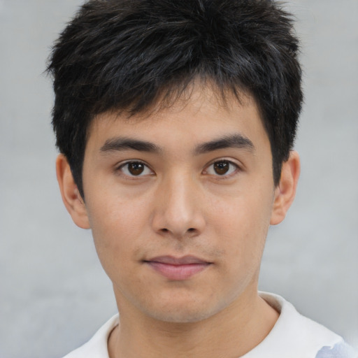 Neutral asian young-adult male with short  brown hair and brown eyes