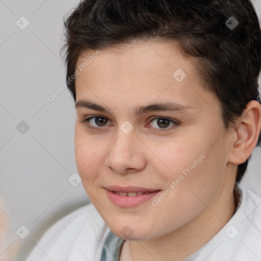 Joyful white young-adult female with short  brown hair and brown eyes