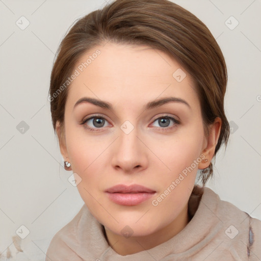 Neutral white young-adult female with medium  brown hair and grey eyes