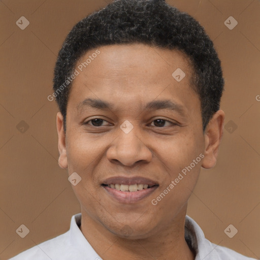 Joyful latino adult male with short  black hair and brown eyes