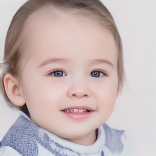 Joyful white child female with medium  brown hair and blue eyes