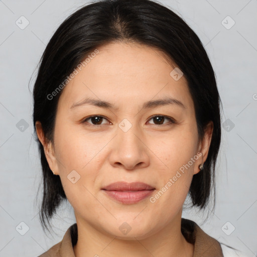 Joyful white adult female with medium  brown hair and brown eyes