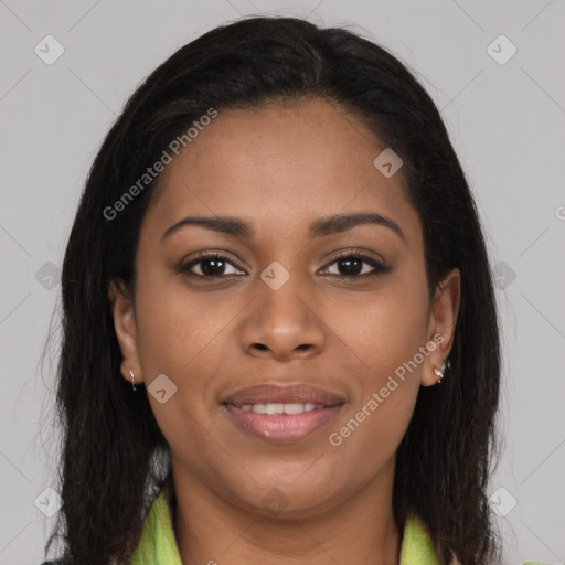 Joyful black young-adult female with medium  brown hair and brown eyes