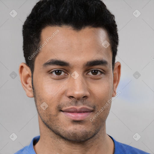 Neutral white young-adult male with short  black hair and brown eyes