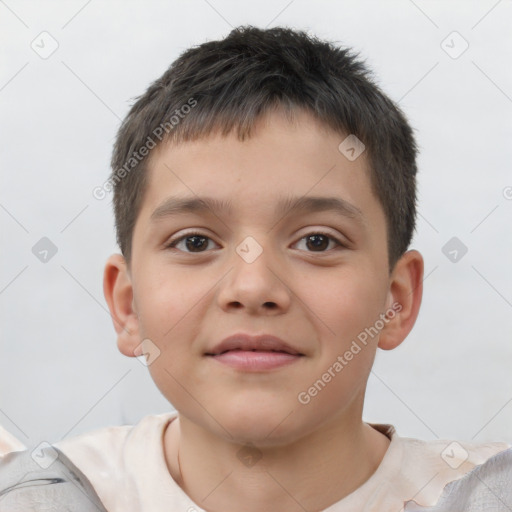 Joyful white child male with short  brown hair and brown eyes